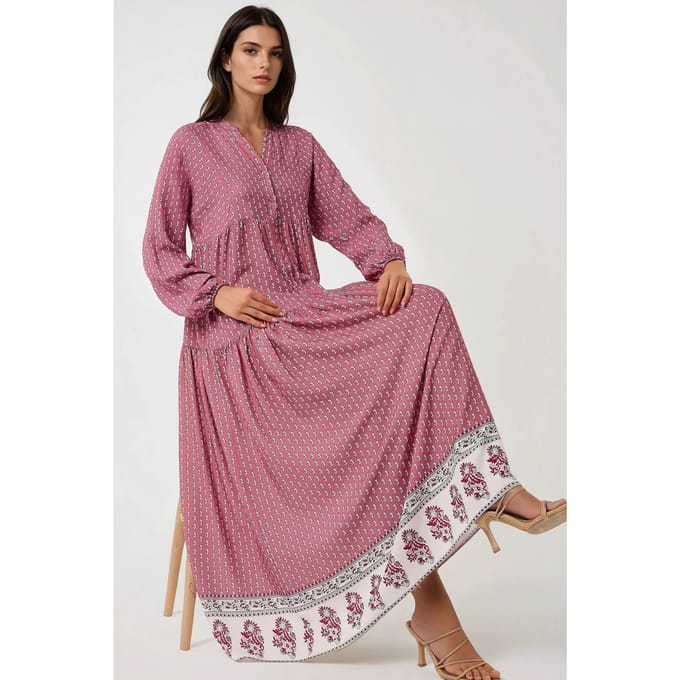 Geprinte V-Hals Maxi Jurk
