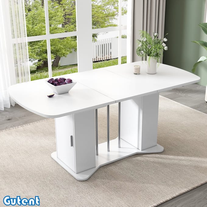 Gutent Uitschuifbare Eettafel - 120/160 x 80 cm - met Opbergruimte - Wit + Verzilverde poten