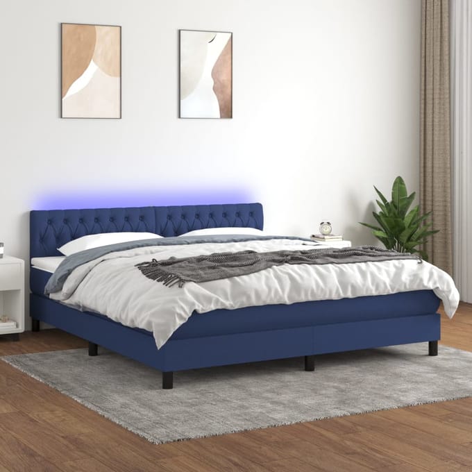 vidaXL - Boxspring - met - matras - en - LED - stof - blauw - 180x200 - cm