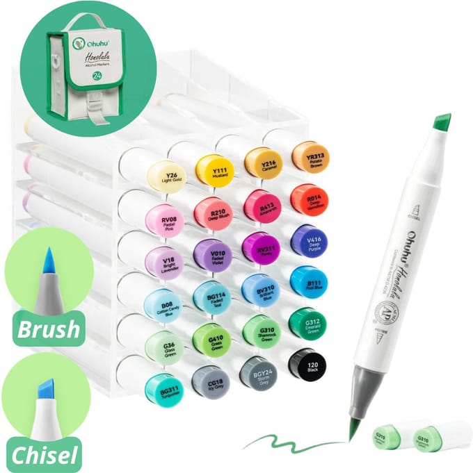 Ohuhu - Honolulu Brush & Chisel - Alcohol Art Markers 24 kleuren - grijze etui