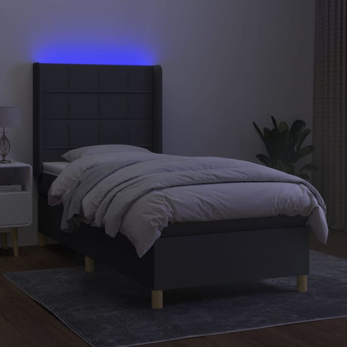 vidaXL - Boxspring - met - matras - en - LED - stof - donkergrijs - 90x190 - cm
