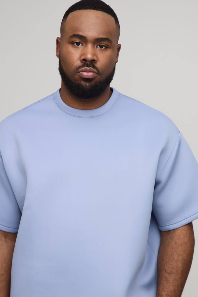 Plus Oversized Boxy Bonded Scuba T-Shirt & Relaxed Short Set | Dusty Blue | Size 5XL