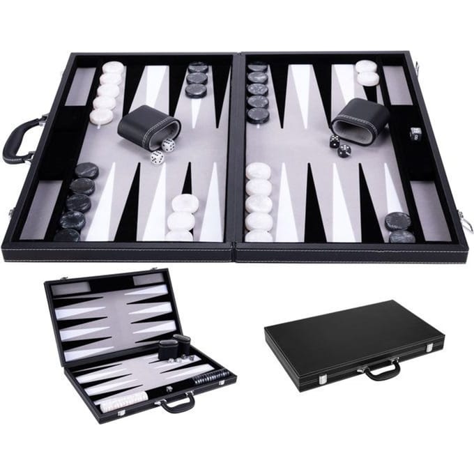Backgammon 21 pouces - Jeu de société - Haute qualité - dés et jetons nacrés - gris noir et blanc wit