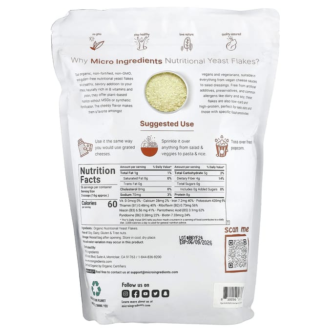 Micro Ingredients, Organic Nutritional Yeast Flakes, 2 lb (907 g) white