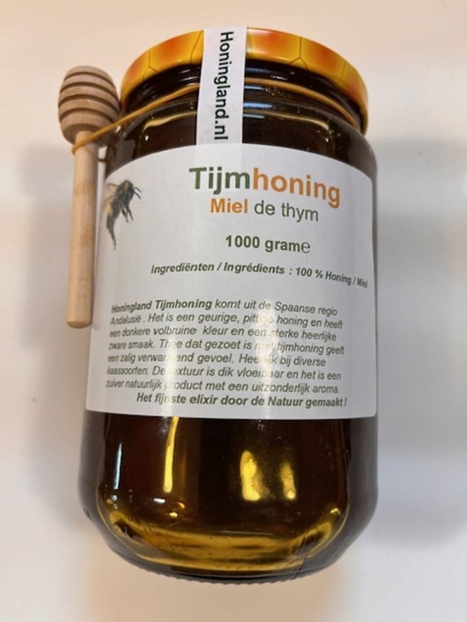 Honingland : Tijmhoning, miel de Thym, Thyme honey ( Rauwe ). 1000 gram.