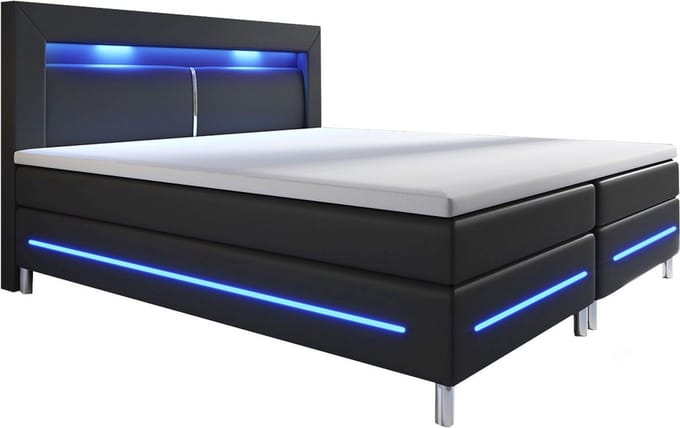 Boxspringbed / Boxspring Norfolk - 180 x 200 cm - Zwart - LED - Incl. Matras & Topper