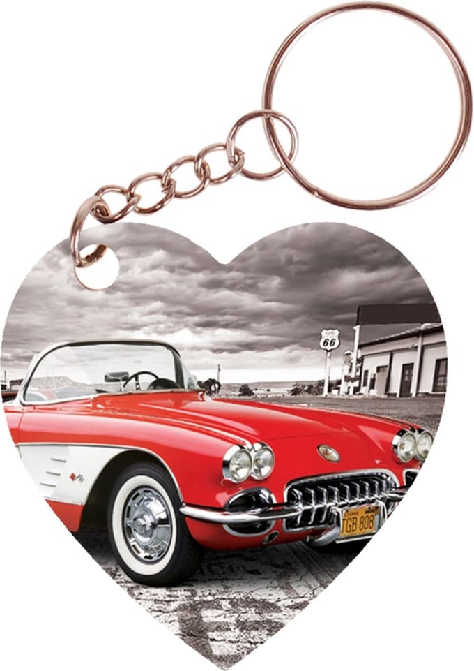 Sleutelhanger hartje 5x5cm - Route 66 - Corvette rood/wit
