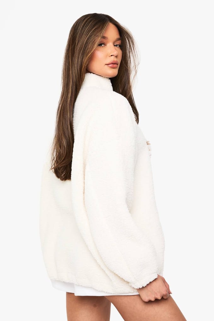 boohoo Dames Popper Trechterkraag Oversized Borg Sweatshirt | Creme | Maat: Small