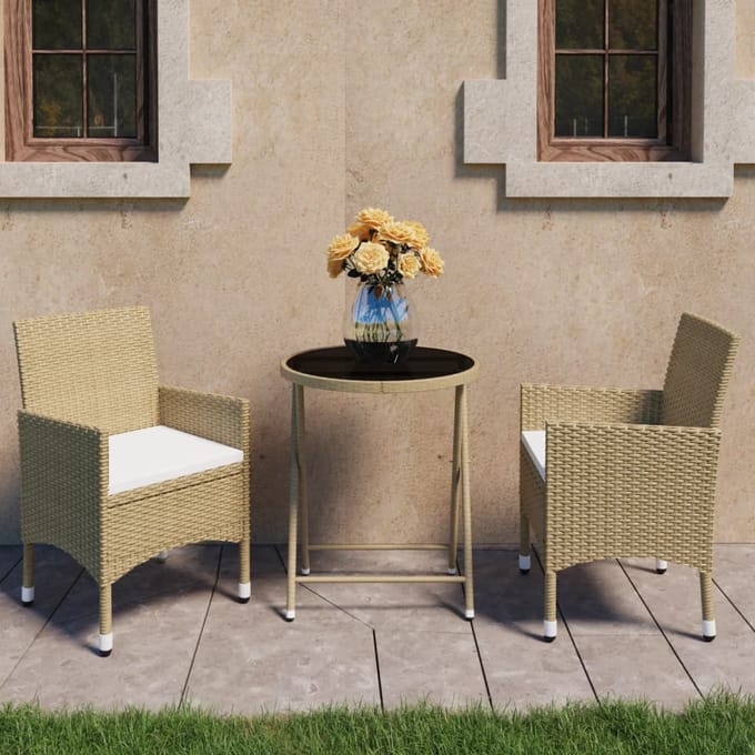 vidaXL - 3-delige - Bistroset - poly - rattan - en - gehard - glas - beige