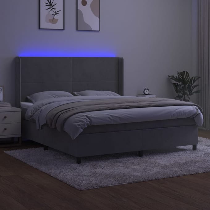 vidaXL - Boxspring - met - matras - en - LED - fluweel - lichtgrijs - 180x200 - cm