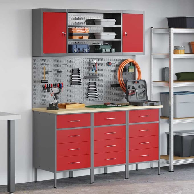 vidaXL - Werk - Cabinet - met - lade - 7 - st - Rood - Engineered - hout - en - staal