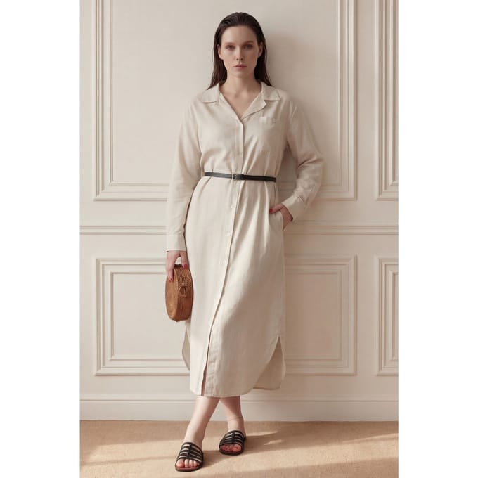 Linnenmix Midi-jurk met Knopsluiting en Zak