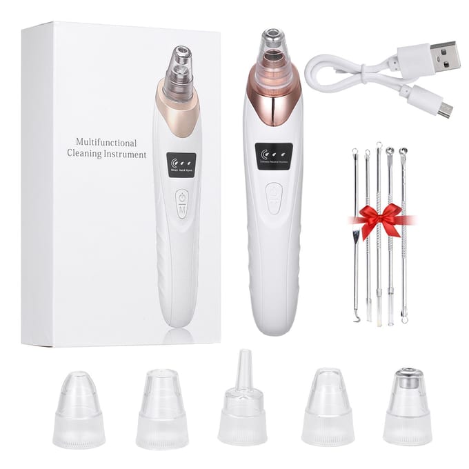 5 in 1 Blackhead Remover Electric Blackhead Suction Device LCD Display with 5 Pimple Zit Comedone 1 set remover & 5 pins white