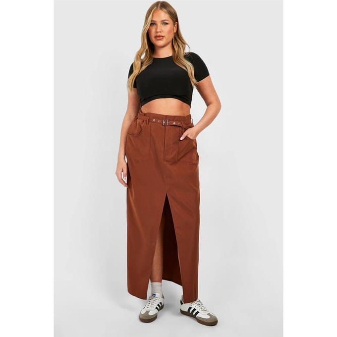 boohoo Dames Plus Geweven Eyelet Maxi Rok met Ceintuur | Chocoladebruin | Maat: 56