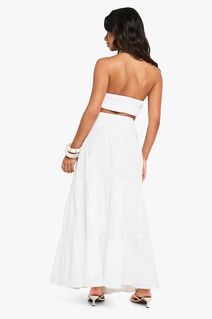 boohoo Dames Petite Cotton Poplin Gelaagde Maxi-Rok | Wit | Maat: 44