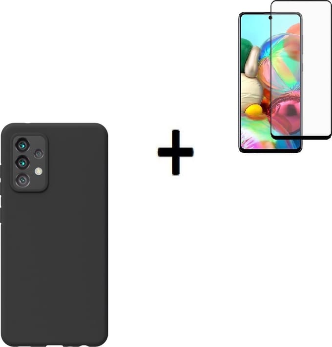 Samsung Galaxy A52 Hoesje - Siliconen - Samsung Galaxy A52 Screenprotector - Hoesje Zwart Case + Full Screenprotector