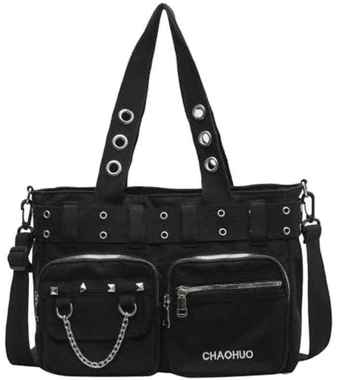 Grote Gothic Tote Bag voor Vrouwen - Y2K Schoudertas met Skully Design