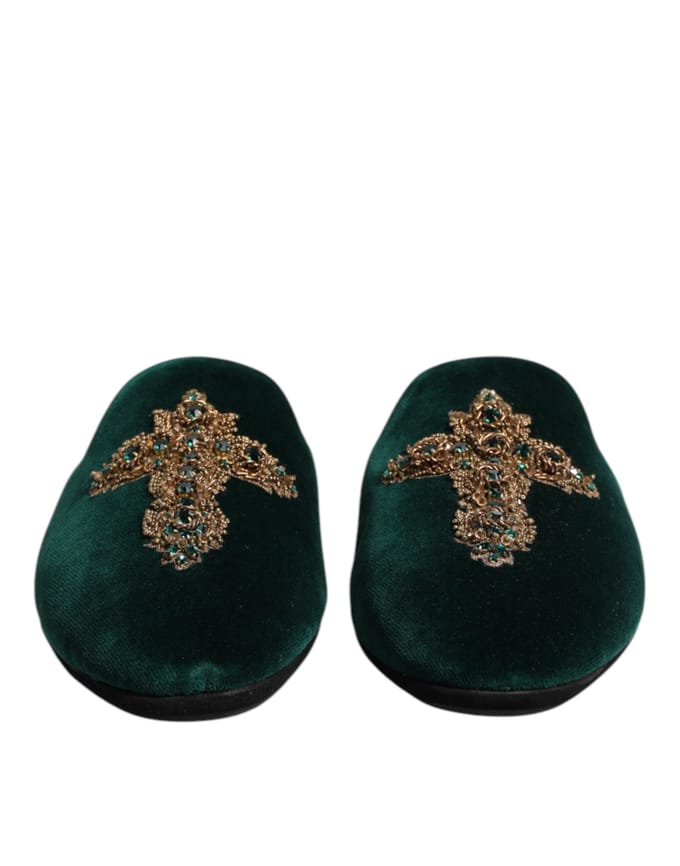 Dolce & Gabbana Groene Fluwelen Kruzend Versierde Slipperschoenen