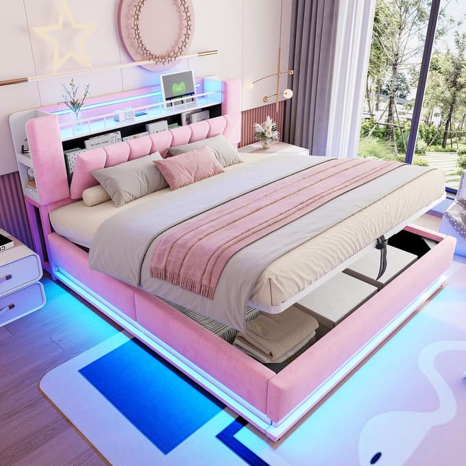 Gestoffeerd Bed 180x200 - Met LED USB En Hydraulische Opbergruimte - Metalen Frame - Fluweel - Roze
