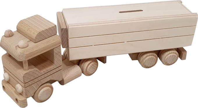 Houten vrachtwagen met oplegger spaarpot - Spaarpot oplegger - beukenhout