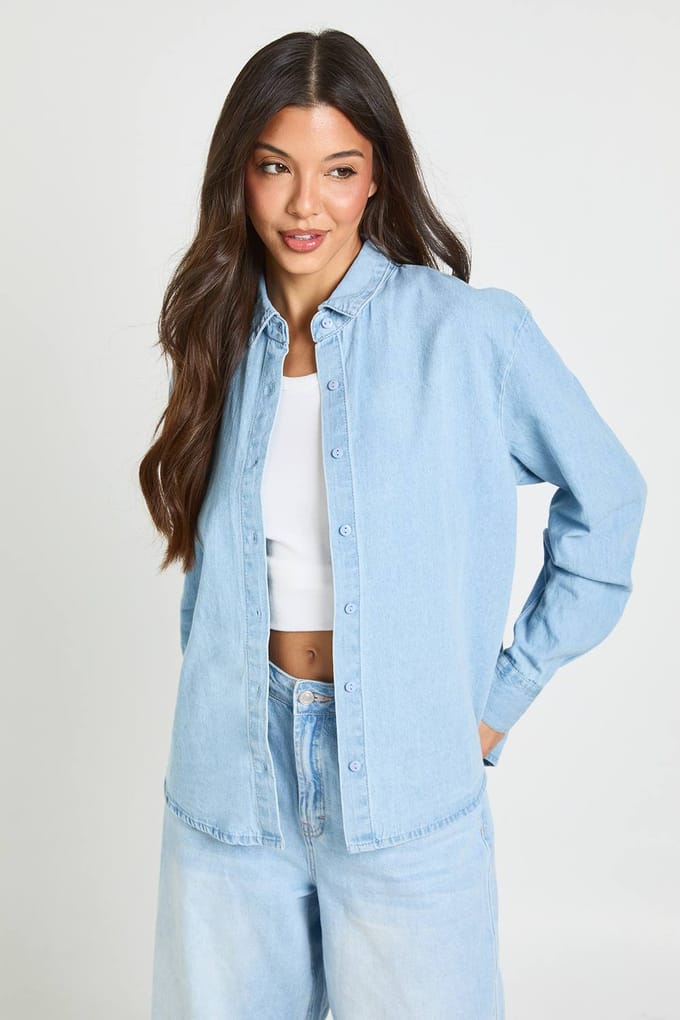 boohoo Dames Chambray Oversized Blouse Met Ballonmouwen | Licht Gebleekt | Maat: 40