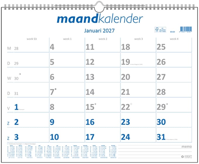 MGPcards - Maandkalender 2027 - Ruim A3 formaat - Week begint op MAANDAG - Wire-O - 43 x 34 cm