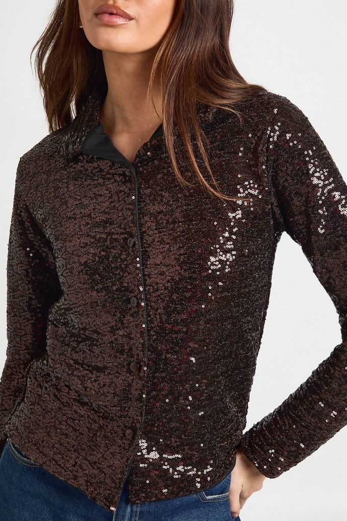 boohoo Dames Pailletten Oversized Doorknoop Shirt | Chocolate | Maat: 6