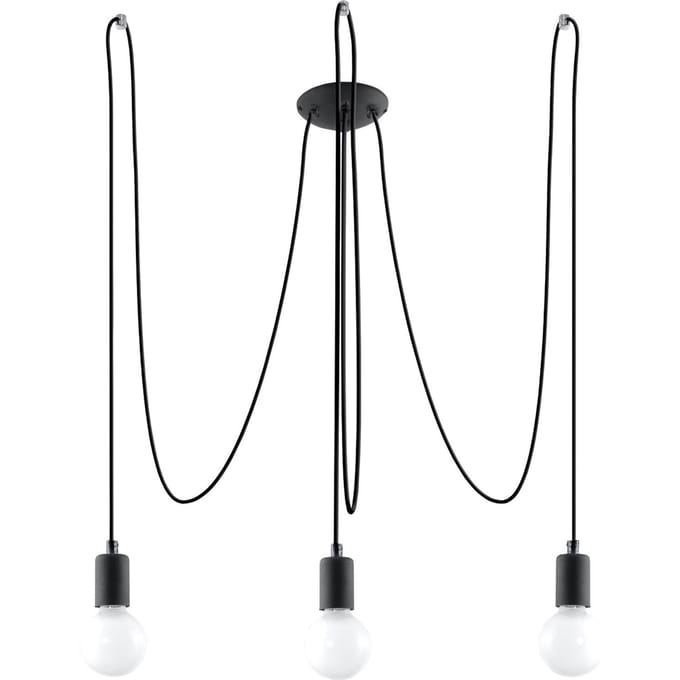 Kroonluchter EDISON 3 met 3 lange gevlochten kabels - Sollux Lighting - IP20 - Zwart stof/staal behuizing - 300 x 300 x 150 cm - 3 x E27 LED, exclusief lichtbron - 3 x 15 W - Industriële kroonluchter voor woonkamer, slaapkamer en eetkamer