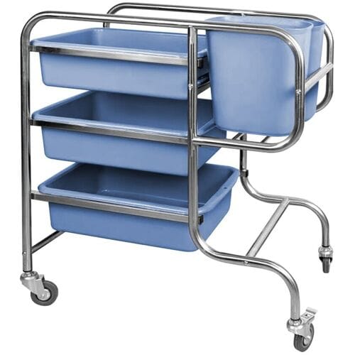 GGM Gastro Schoonmaaktrolley - met 3 legborden, zwenkwielen, stootranden & opbergbakken zilver