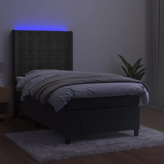 vidaXL - Boxspring - met - matras - en - LED - fluweel - donkergrijs - 90x190 - cm