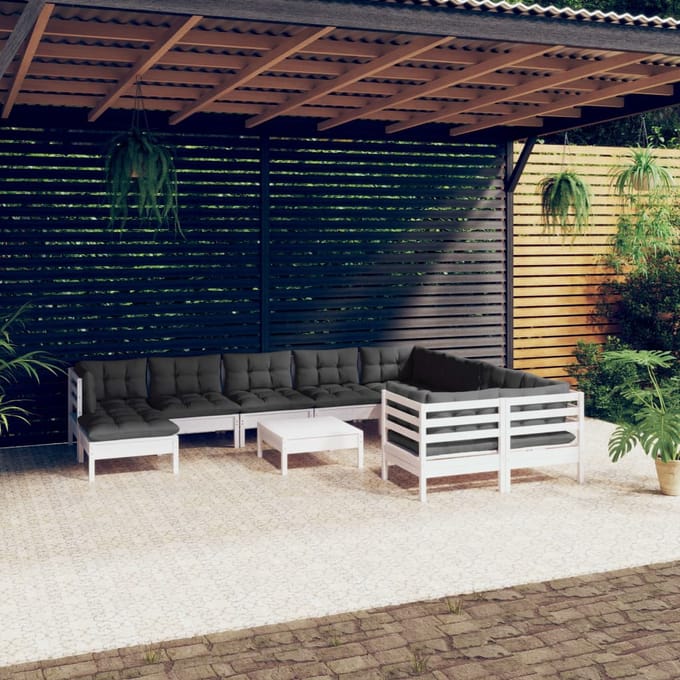 vidaXL - 11-delige - Loungeset - met - kussens - grenenhout - wit