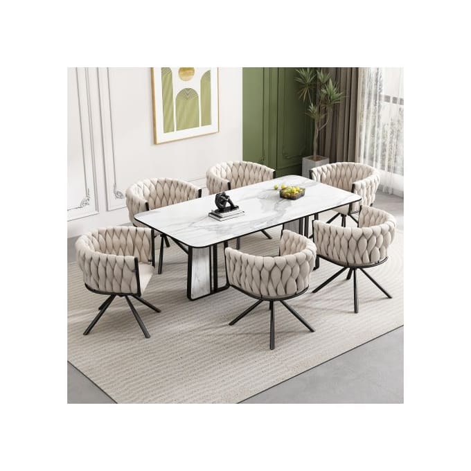 Set van 6 beige fluwelen draaibare eetkamerstoelen - eigentijds design beige