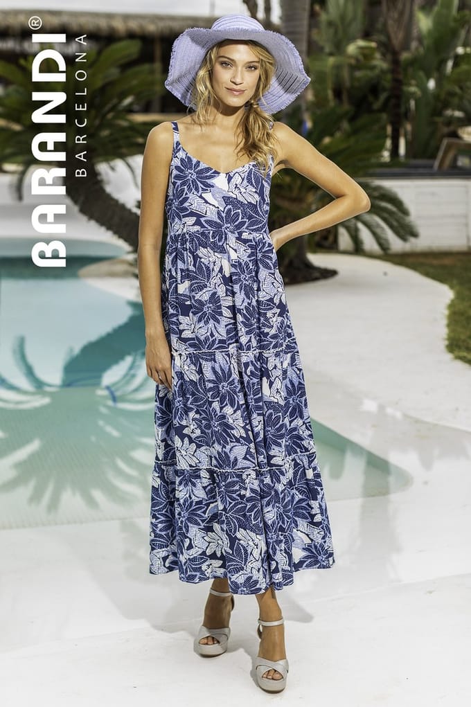 Barandi - Lange Strandjurk - Wit/Blauw Bloemen - S
