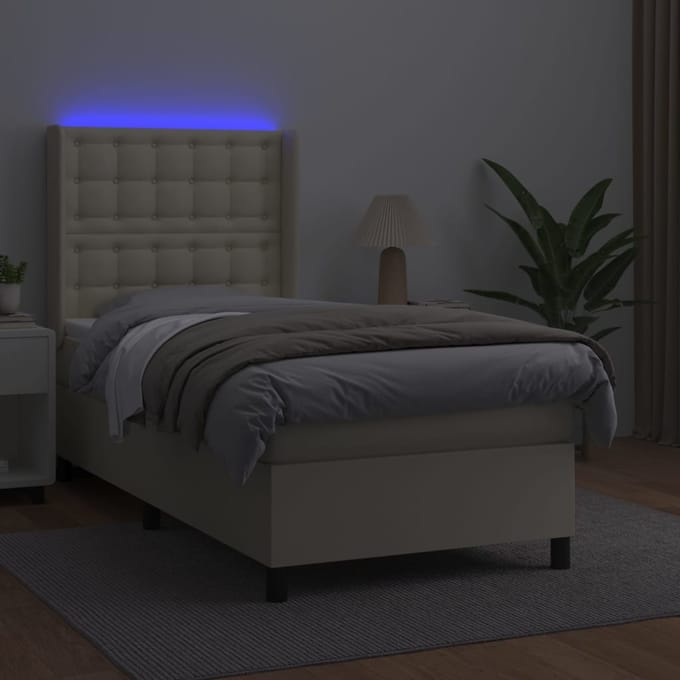 vidaXL - Boxspring - met - matras - en - LED - kunstleer - crèmekleurig - 80x200 - cm