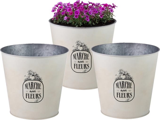 Sunnydays Emmer/plantenpot/bloempot - 3x - zink - ivoorwit - D23 x H22 cm