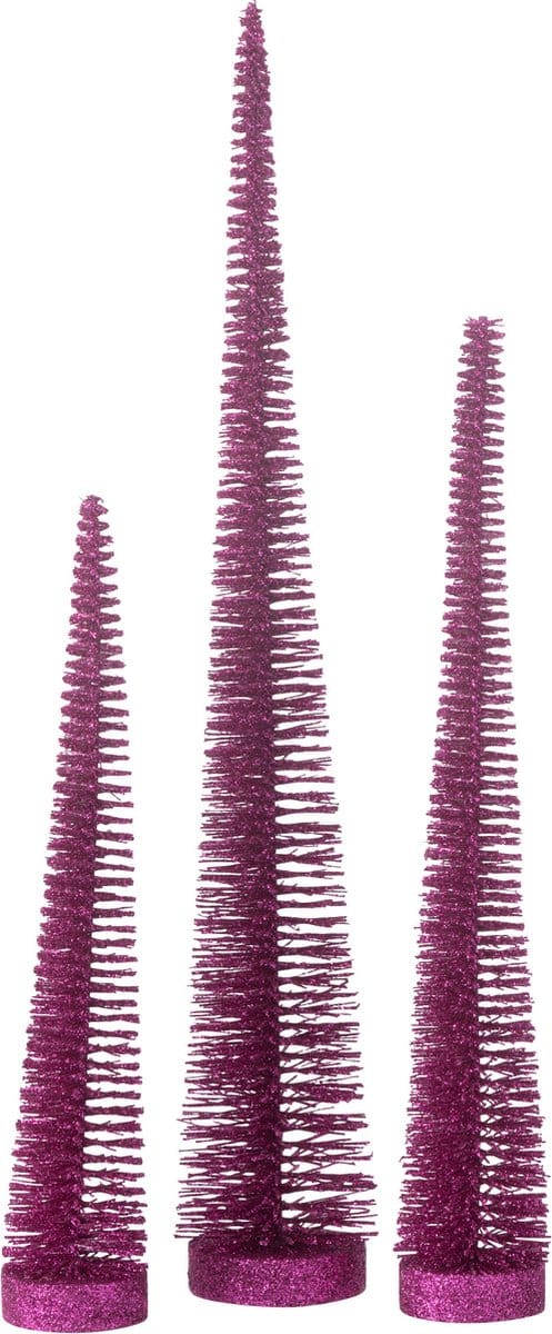 J-Line decoratie Kerstboom Glitter - kunststof - fuchsia - doos van 3