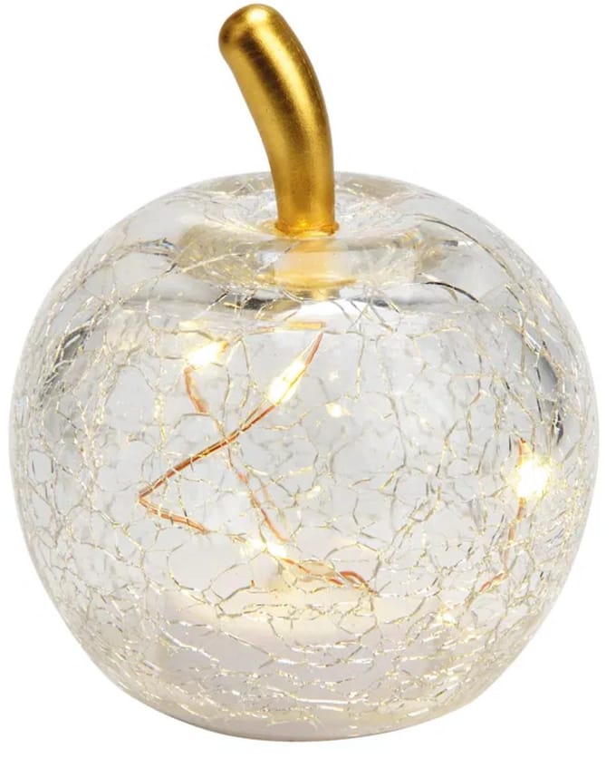 Appel met 5 LED's van transparant glas (B/H/D) 7x9x7cm met timer, batterij CR2032 niet inbegrepen