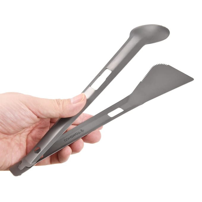 TOMSHOO Titanium Serveertang Multifunctionele BBQ-tang met Spork en gekartelde spatel voor kamperen gray