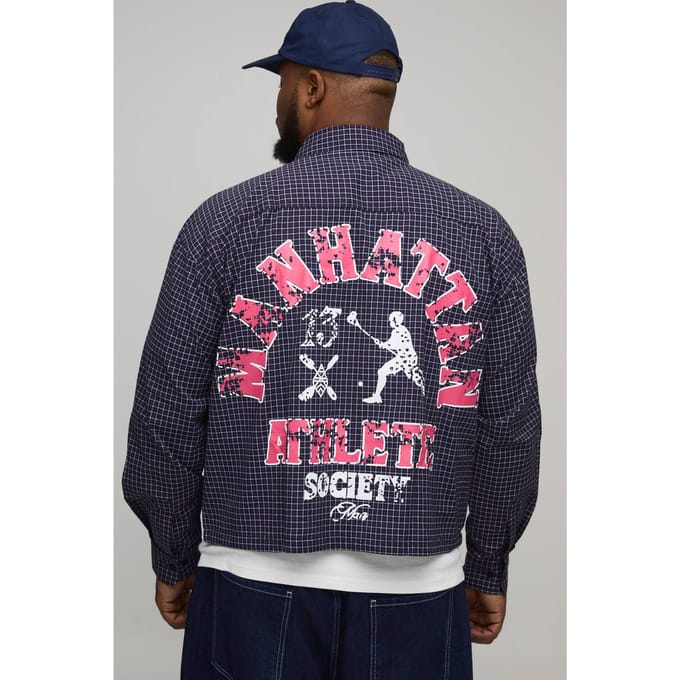 Plus oversized boxy varsity-print micro-check overhemd | Grey | Size 2XL