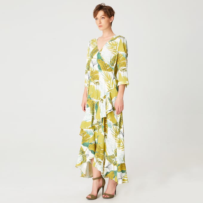 Tropische print frisse midi -jurk met kruisbuste
