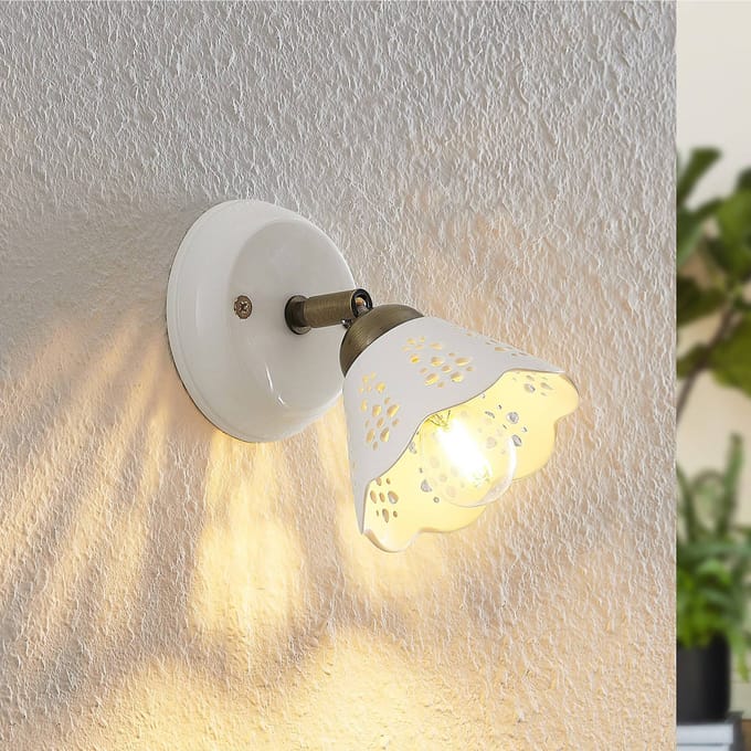 Lindby - buitenspot - 1licht - keramiek, ijzer - H: 16.5 cm - E14 - wit, brons