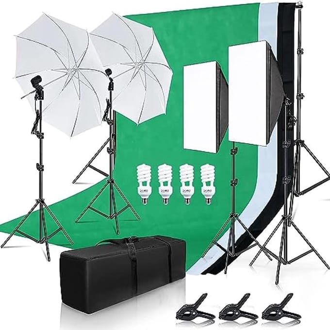 Fotostudioset met Achtergrondsteun, Greenscreen Set en Softbox Verlichting