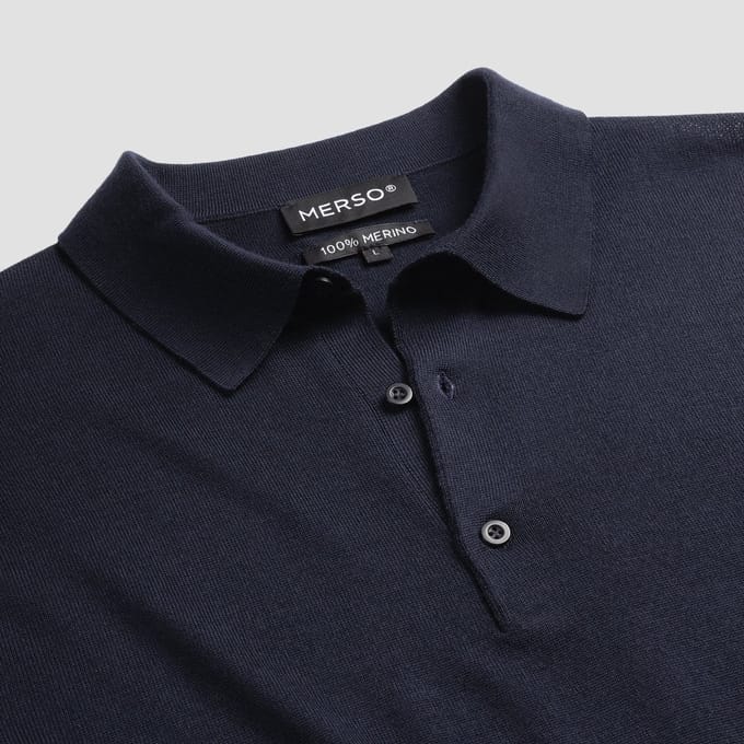 MERSO Polo – Longsleeve Trui – 100% Merino Wol – Navy Blue