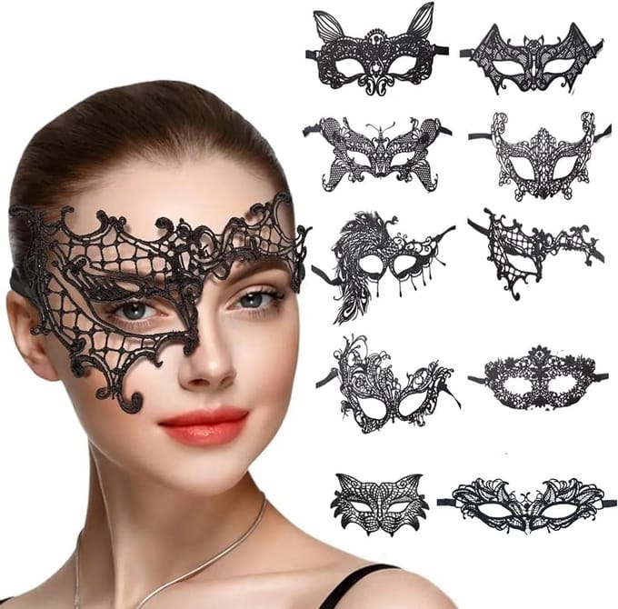 Set van 10 Zwarte Kanten Maskers voor Feest en Carnaval