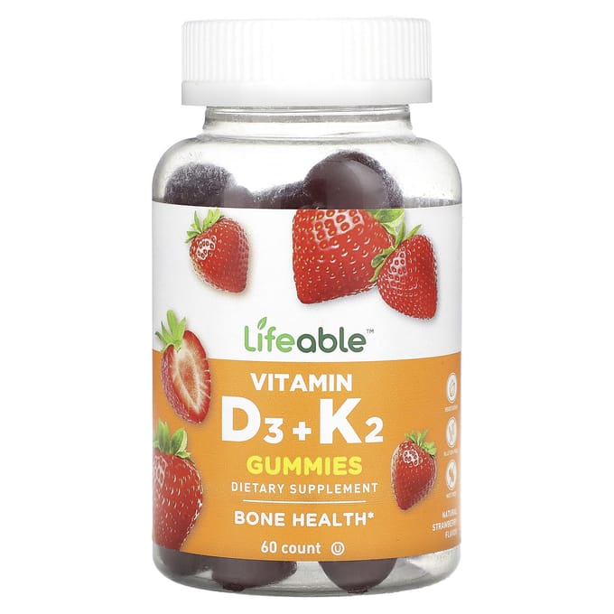 Lifeable, Vitamine D3 + K2 gummies, natuurlijke aardbeiensmaak, 60 gummies