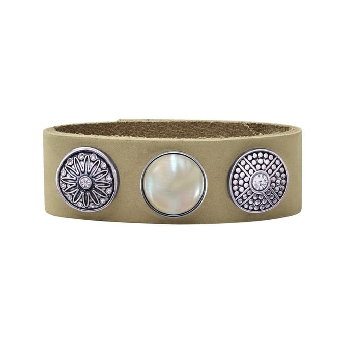 Quiges Dames Leren Armband Beige met 3 Drukknopen Set 19.5 - 21.5cm - EBCMS314
