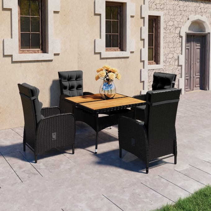 vidaXL - 5-delige - Tuinset - poly - rattan - en - acaciahout - zwart