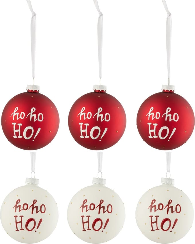 J-Line kerstbal Hohoho! - glas - wit/rood - doos van 6