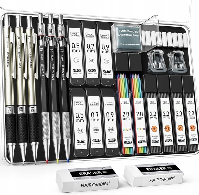 Set van 6 Mechanische Potloden - Metaal, Compleet met Accessoires