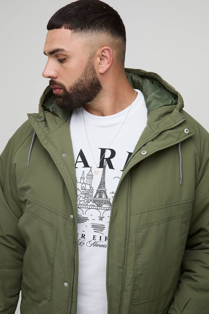 Plus Regular Fit parka met naaddetails en capuchon | Khaki | Size 2XL